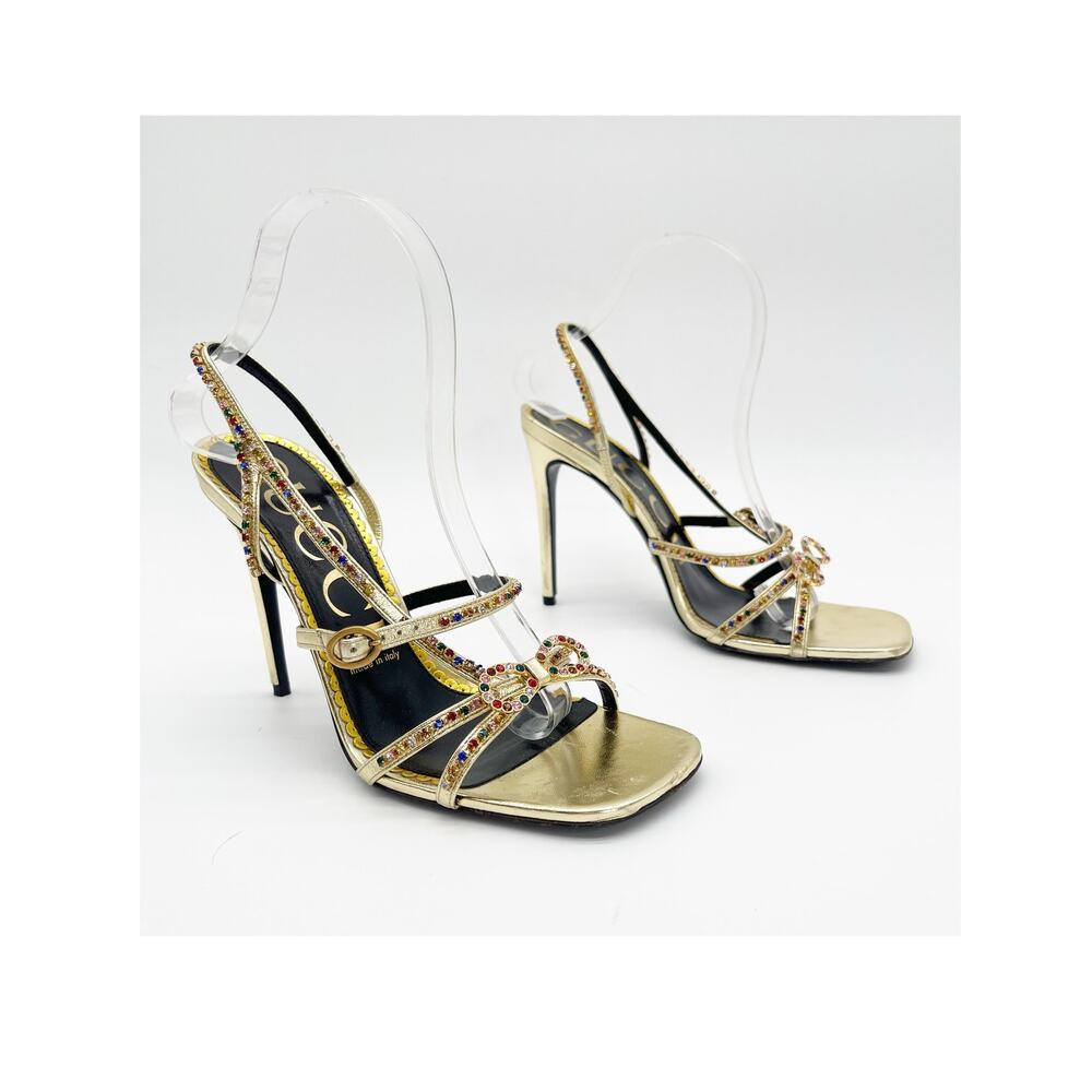 Gucci Carmen Crystal Embellished Gold Leather Bow High Heel Sandals EU 38.5